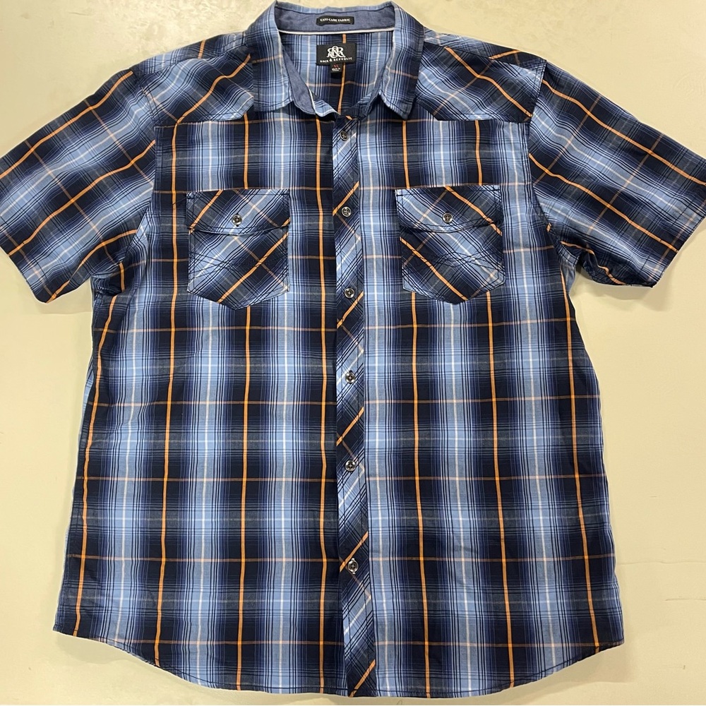 Rock & Republic Navy and Orange Plaid Shirt